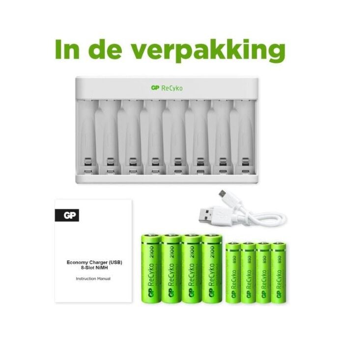 GP USB 8 Slots BATCHG. INCL.4X AA 2100 MAH-4X AAA 850 mAh afbeelding