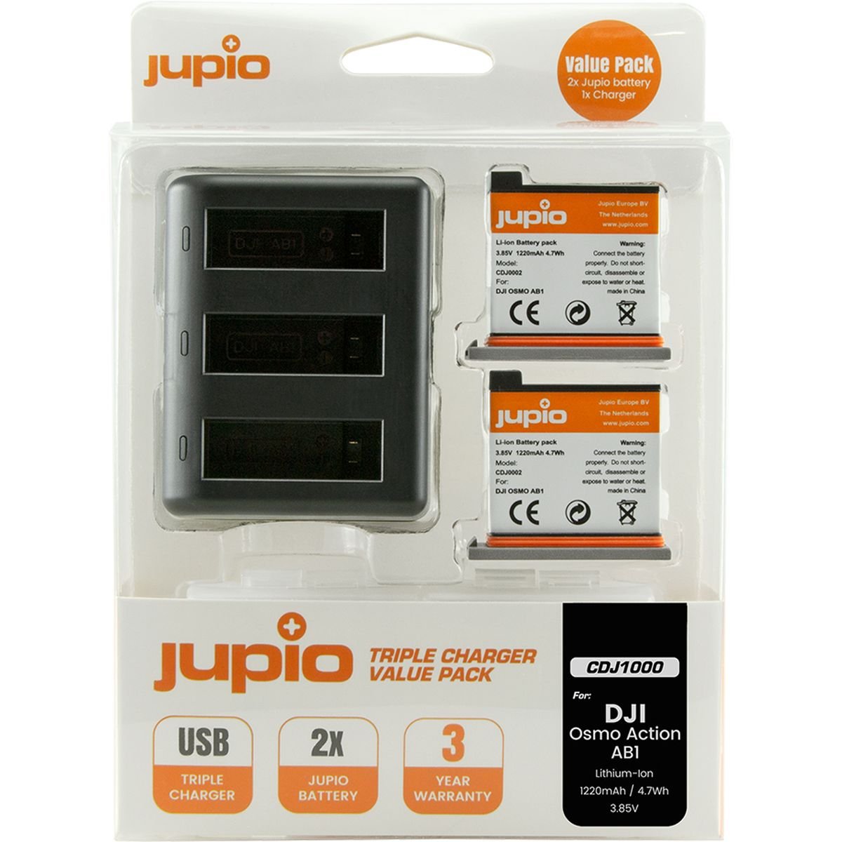 Jupio Value Pack: 2x Battery DJI Osmo Action AB1 1220mAh + Compact USB Triple Charger afbeelding