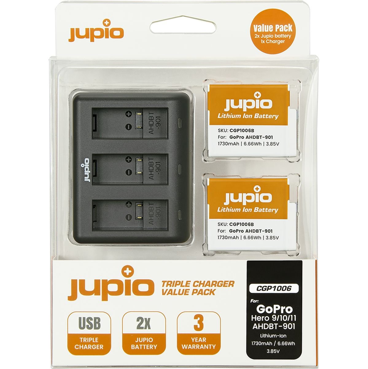 Jupio Value Pack: 2x Enduro Battery GoPro HERO 9 | HERO 10 | HERO 11 - SPBL1B/AHDBT-901 1730mAh + Compact USB Triple Charger afbeelding