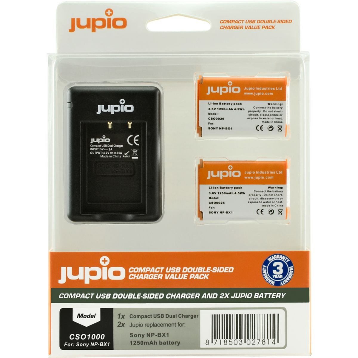 Jupio Value Pack: 2x Battery NP-BX1 + Compact USB Double-Sided Charger afbeelding