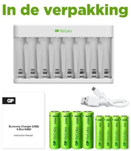 GP USB 8 Slots BATCHG. INCL.4X AA 2100 MAH-4X AAA 850 mAh