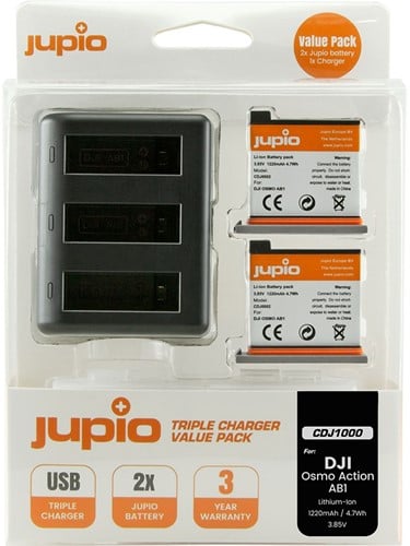 Jupio Value Pack: 2x Battery DJI Osmo Action AB1 1220mAh + Compact USB Triple Charger