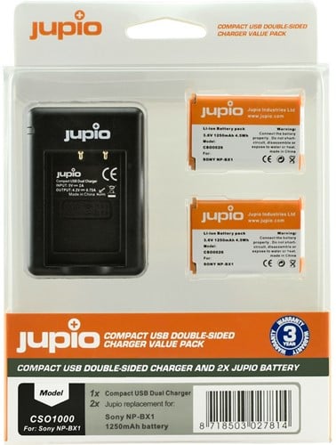 Jupio Value Pack: 2x Battery NP-BX1 + Compact USB Double-Sided Charger