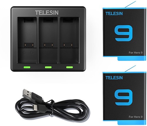 Telesin Charger For 3 Batteries + 2X accu voor GoPro 9,10,11,12