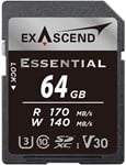 EXASCEND Essential UHS-I SD card(V30) 64GB Read 170 MB/s Write 140 MB/s