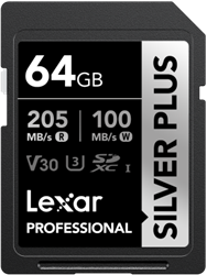 Lexar SD Silver Plus UHS-1 64GB V30 R205/W150MB/s
